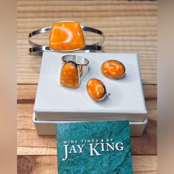 Jay King Orange and spiny shell Sterling silver .925 bracelet earring and ring